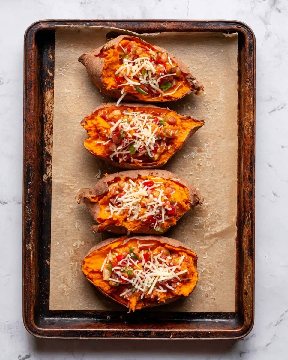The image shows four sweet potato halves laid out in a single row on a baking tray lined with light brown parchment paper, placed on a white marbled surface. Each sweet potato half has three clear layers: the base is the soft orange flesh of the sweet potato, topped with a chunky, reddish-orange filling mixed with small green and red bits, and finished with a sprinkling of white shredded cheese on top. The sheet tray holding the potatoes is dark with visible wear marks. Photo taken with an iphone --ar 4:5 --v 7