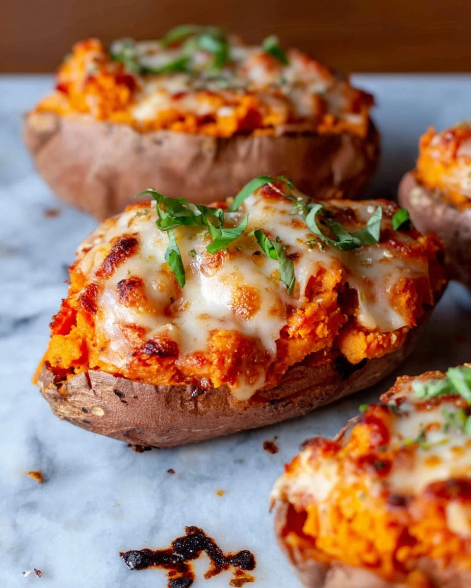 The image shows a baking tray lined with brown parchment paper holding four sweet potato halves arranged in two rows. Each sweet potato half is filled with layers of orange sweet potato flesh, topped with a mix of melted white cheese and red tomato sauce with small bits of corn and herbs. The cheese is slightly browned and bubbly, giving a textured look. Fresh green basil leaves are scattered on top for garnish. The sweet potatoes’ skin is a natural brown, slightly blistered from baking. The background is changed to a white marbled surface. photo taken with an iphone --ar 4:5 --v 7