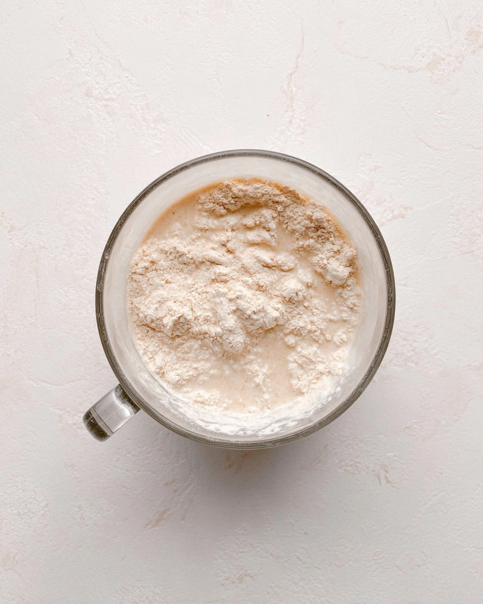 A clear glass cup sits on a white marbled surface, filled with a mixture of light beige powder and a pale liquid. The mixture shows uneven texture with some lumps of powder floating on top and beginning to dissolve into the liquid. The light beige color varies slightly, with some areas drier and powdery, and others wetter and smooth. The handle of the glass cup is visible on the left side. photo taken with an iphone --ar 4:5 --v 7