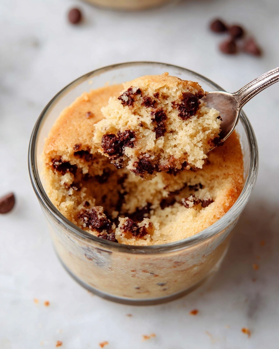 A clear glass cup filled with a light brown, fluffy cake showing a soft, spongy texture with dark brown chocolate bits scattered inside. A spoon is scooping up a portion revealing the moist inside and some air bubbles on the cake's surface. The cup is placed on a white marbled texture with a few chocolate chips scattered around. Photo taken with an iphone --ar 4:5 --v 7