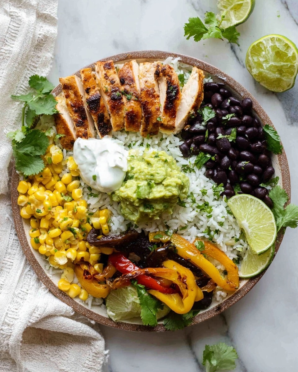 A round white plate filled with a base layer of white rice mixed with chopped green herbs, topped with layers of grilled golden-brown sliced chicken arranged on one side, seasoned corn kernels scattered around, black beans placed in two small clusters, and cooked yellow and brown bell pepper strips on one side. In the center is a dollop of chunky green guacamole, a scoop of smooth white sour cream next to some corn, and two lime wedges positioned on opposite sides near the chicken and vegetables. Fresh cilantro leaves are sprinkled on top for color. The plate is set on a white marbled surface with a white cloth nearby. Photo taken with an iphone --ar 4:5 --v 7