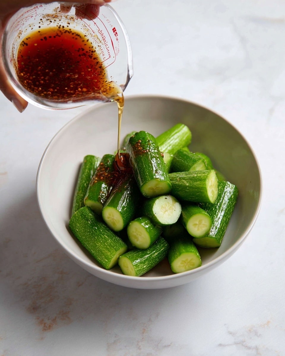 A white bowl sits on a white marbled surface filled with bright green cucumber pieces that are cut into thick cylinder shapes, stacked unevenly inside. A woman's hand is pouring a dark reddish-brown liquid with small black specks from a clear measuring cup onto the cucumbers. The cucumbers look fresh and shiny with their textured green skin and light green centers clearly showing. Photo taken with an iphone --ar 4:5 --v 7