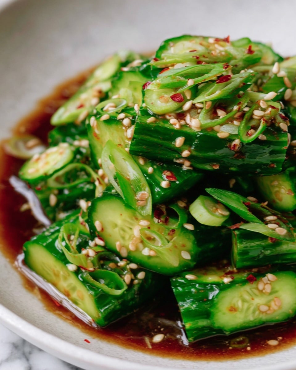 This image shows a close-up of a salad made of thick slices of bright green cucumber stacked in layers with visible seeds and a shiny surface. The cucumber pieces have thin cuts on their edges giving them texture. Mixed in are slices of green onion that add a lighter green color and some sharp angles. The entire salad is sprinkled with small, pale sesame seeds and some red chili flakes for contrast. The dish is in a white bowl, with a dark brown sauce pooling at the bottom around the cucumbers. The background is a white marbled surface. photo taken with an iphone --ar 4:5 --v 7