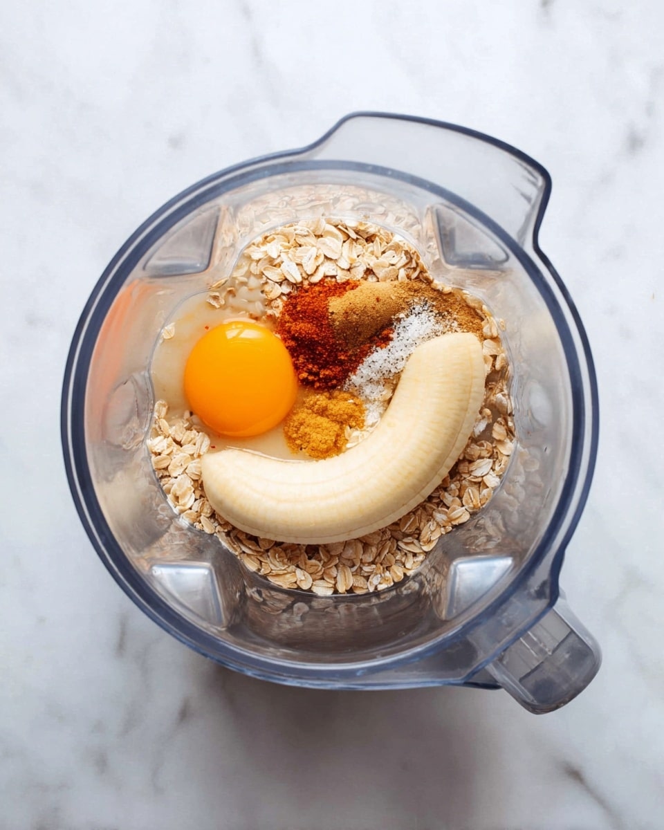 Inside a clear blender jar, there are four main layers of ingredients: a base of light beige rolled oats covering the bottom, a whole peeled yellow banana curved on the right side, a bright orange egg yolk on the top left, and a few white and brown spices sprinkled between the banana and oats. The blender jar is placed on a white marbled surface. Photo taken with an iphone --ar 4:5 --v 7