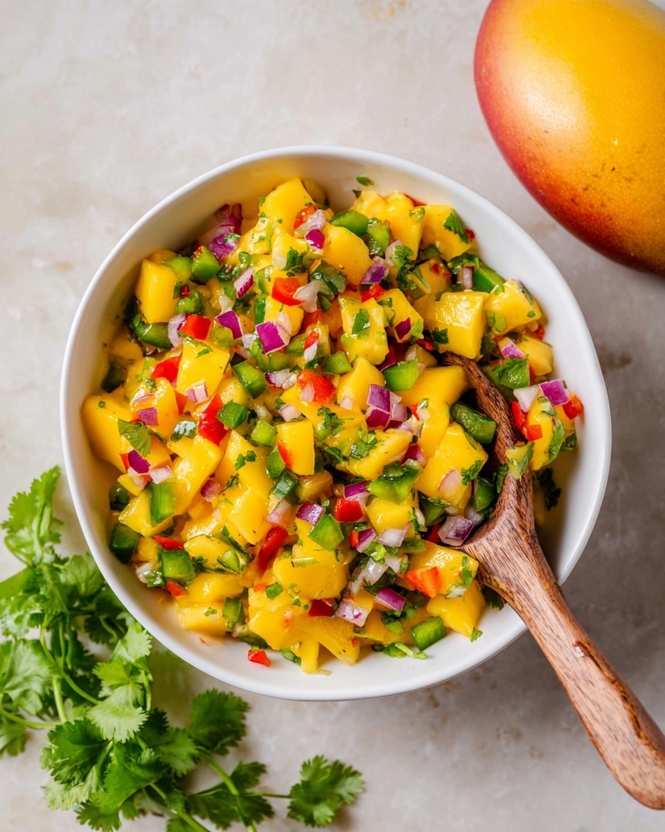 A white bowl filled with a colorful mango salsa that has three main layers: the base of bright yellow diced mango pieces with a soft, juicy texture, mixed evenly with vibrant green chopped bell peppers and fresh cilantro leaves, and small bits of red and purple diced onions and red bell peppers spread throughout, giving a contrast of colors and crunchy texture. A wooden spoon rests inside the bowl on the right side, partly submerged in the salsa. The bowl is placed on a white marbled surface, with a whole mango and a small bunch of fresh cilantro nearby. Photo taken with an iphone --ar 4:5 --v 7