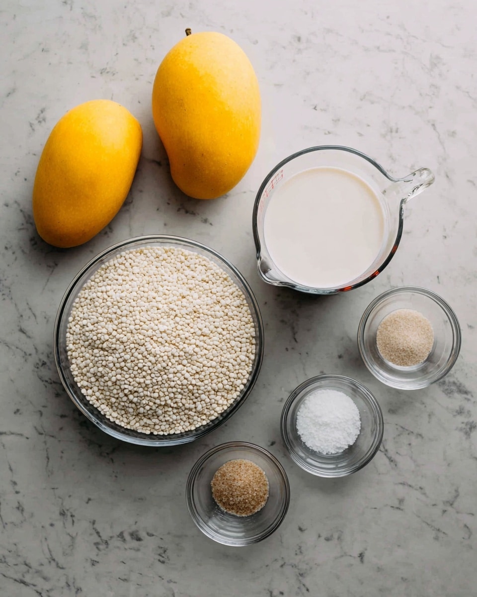 The image shows several ingredients arranged on a white marbled surface. There are two whole yellow mangoes placed side by side at the top left. Below them, a clear glass bowl holds a large amount of round white grains, likely rice or a similar grain. To the right of the bowl with grains, there is a clear glass measuring cup filled with white liquid, possibly coconut milk. Next to the measuring cup, three small clear glass bowls are placed in a cluster: the biggest one contains light brown sugar, a medium one contains fine white powder, likely salt or baking powder, and the smallest one has a small amount of white granules, possibly salt. The overall layout is neat, with each ingredient clearly visible and spaced evenly. The photo taken with an iphone --ar 4:5 --v 7