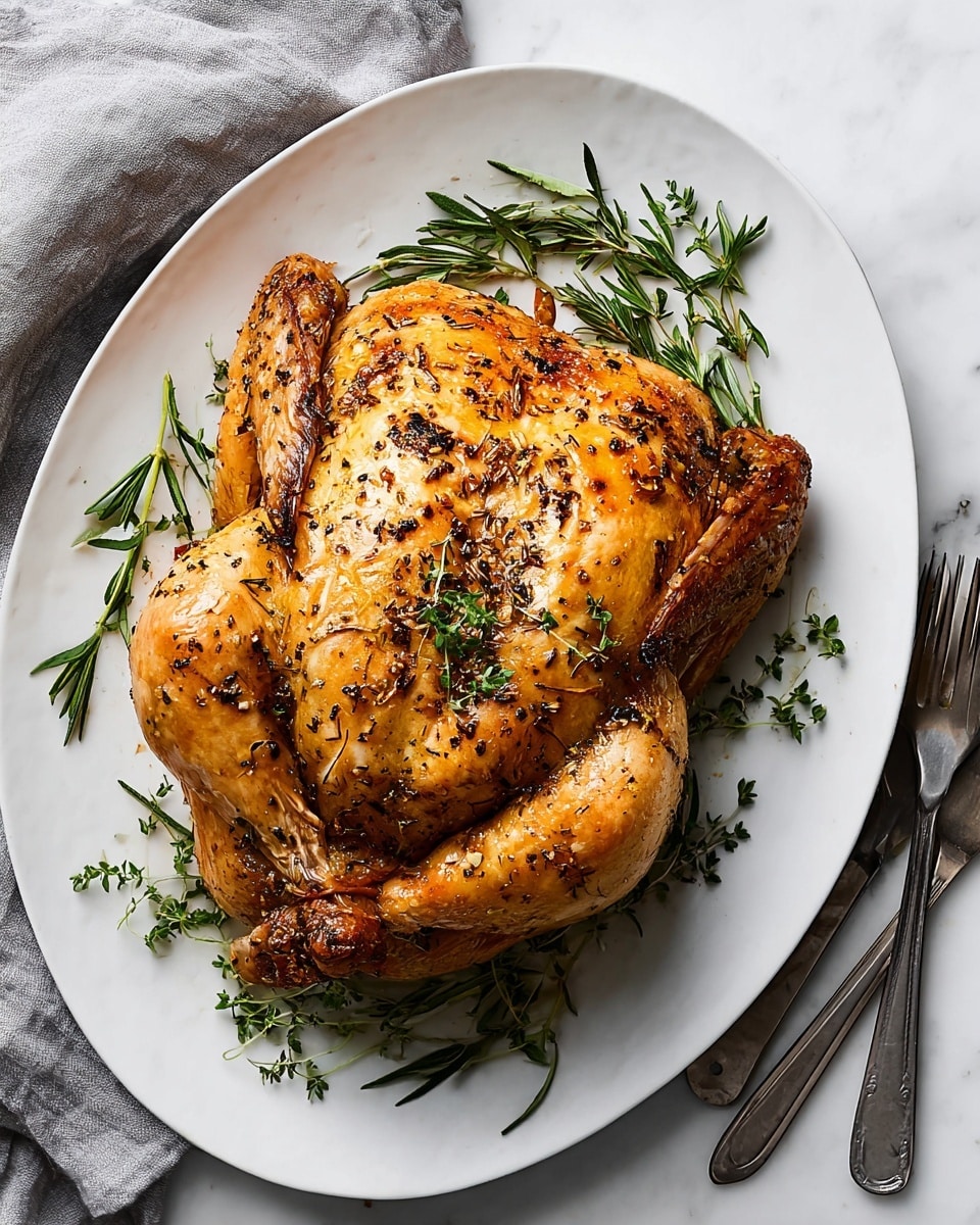A whole golden roasted chicken sits centered on a white oval plate, showing crispy, slightly shiny skin speckled with black pepper and dried herbs; the chicken has two visible legs and wings tucked in close, with small fresh green herb sprigs scattered on top and around the bird. Around the plate’s edges are sprigs of rosemary and thyme adding a fresh green accent. The plate rests on a white marbled surface, partially covered by a gray linen cloth at the top left, while a silver fork and knife lie on the right side of the plate. photo taken with an iphone --ar 4:5 --v 7
