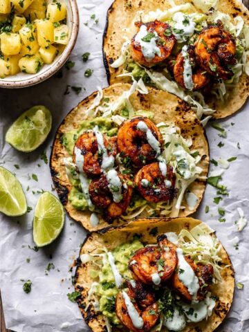 Sheet Pan Jalapeño Pineapple Shrimp Tacos with Cilantro Garlic Sauce Recipe