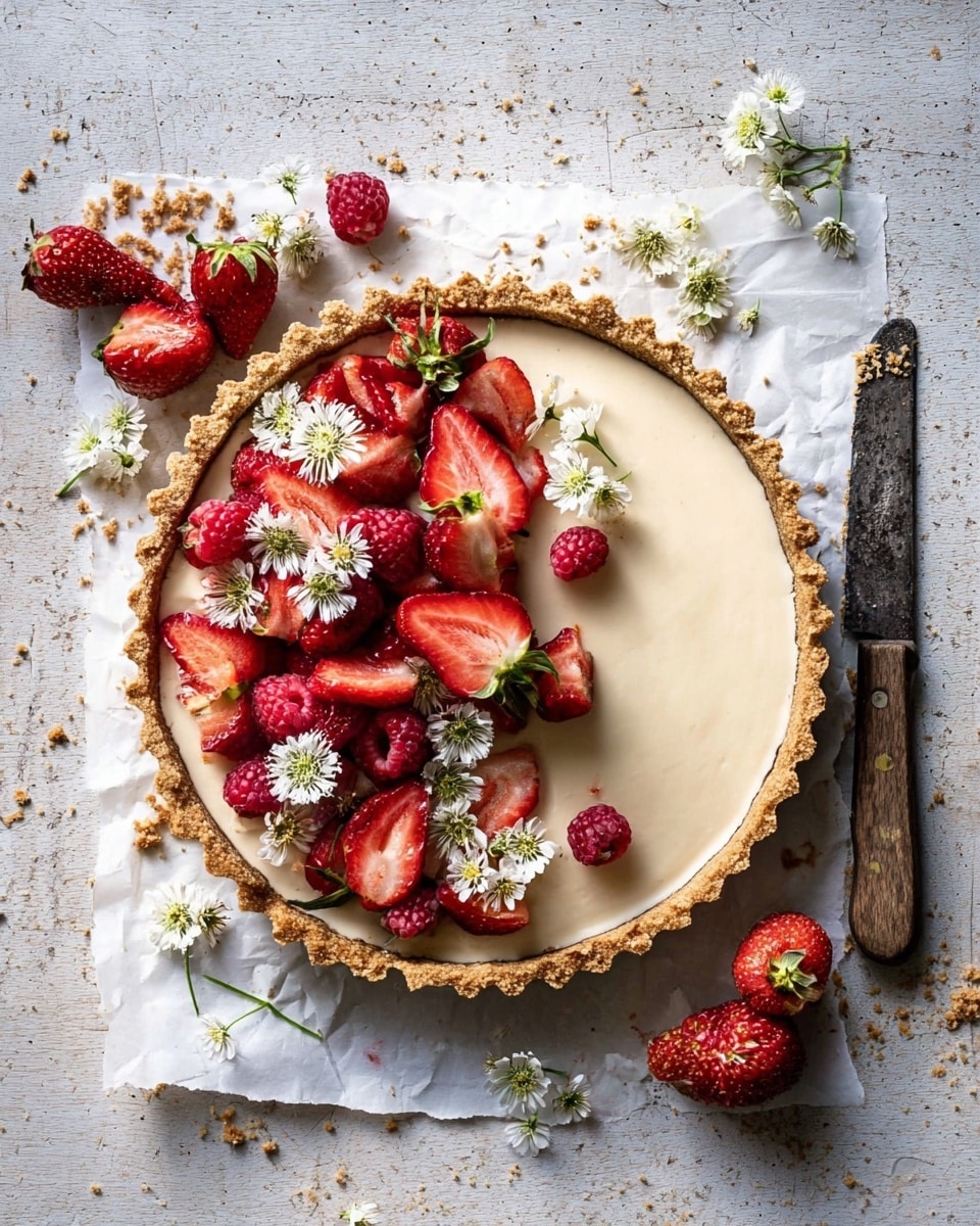 A tart with a crumbly golden crust forms the base, filled with a smooth, pale cream layer that looks soft and even. On top, fresh red strawberries—some whole, some sliced—and bright red raspberries sit mainly on one half of the tart, mixed with small white flowers with green centers scattered across the surface. The tart rests on a piece of white parchment over a white marbled textured surface. Around the tart, more strawberry halves and white flowers lie casually, with a rustic knife placed nearby on the right side. photo taken with an iphone --ar 4:5 --v 7