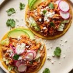 Chicken Tinga Tostada Recipe with Mexican Rice and Fresh Garnishes Recipe