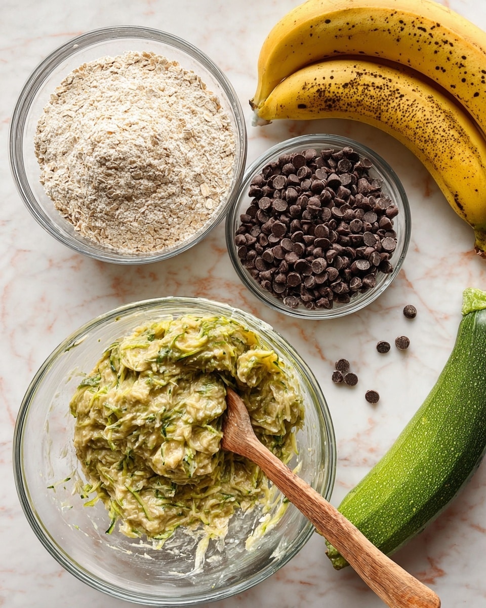 The image shows three clear glass bowls on a white marbled surface. The bottom bowl holds a greenish, chunky mixture with visible strands of zucchini, and a wooden spoon rests inside it. The top left bowl contains a light beige dry mix of oats and flour, with a powdery texture. The top right bowl is filled with dark brown chocolate chips, some of which have spilled onto the surface. A bunch of ripe yellow bananas with brown spots and a fresh green zucchini sit next to the bowls. Photo taken with an iphone --ar 4:5 --v 7
