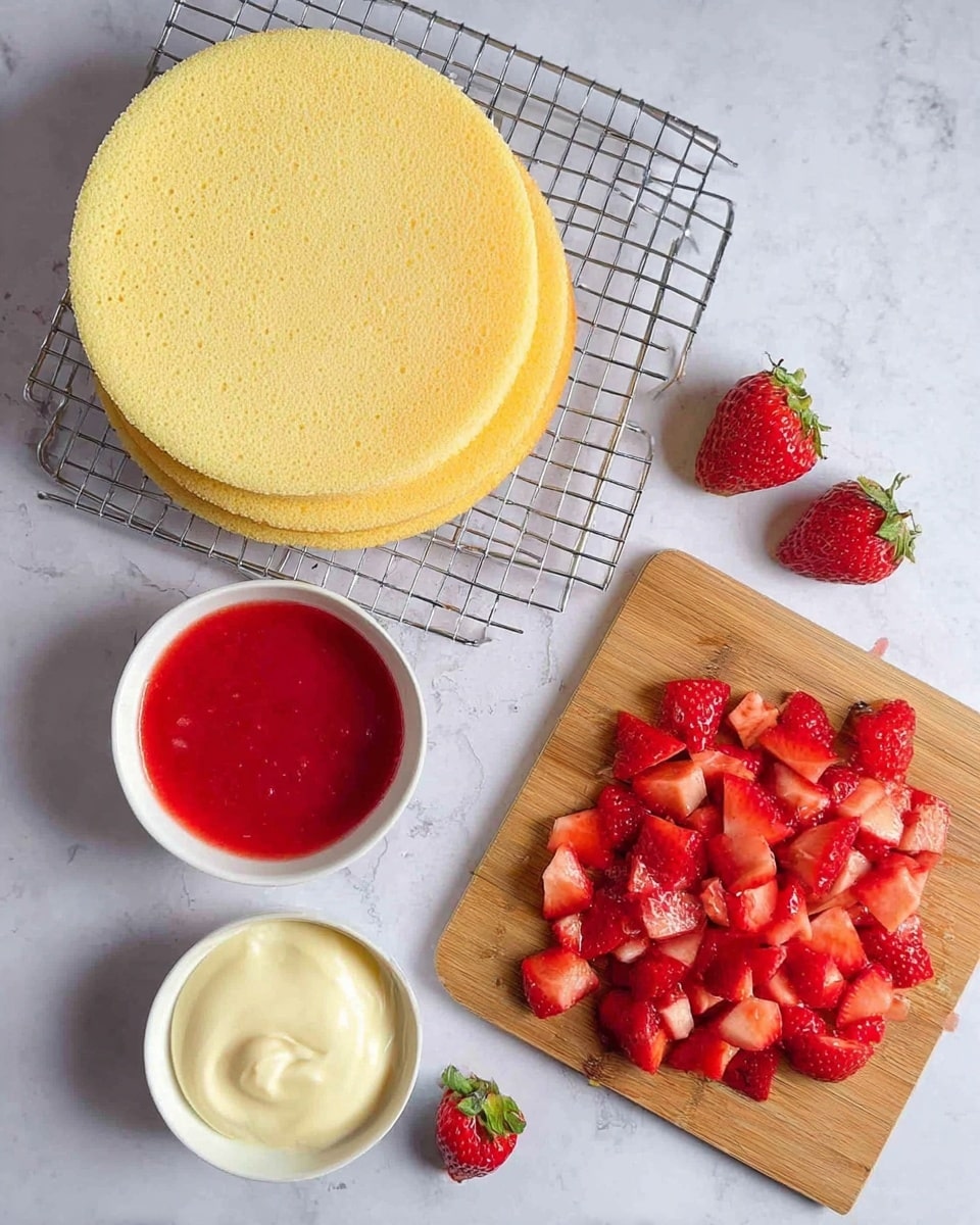 The image shows two round yellow cake layers resting on a wire rack, placed on a white marbled surface. Next to the cakes, there is a white bowl filled with light yellow cream with a smooth texture. Nearby, a small white bowl holds bright red strawberry sauce with a glossy surface. A wooden board displays chopped fresh strawberries arranged in a pile, with some whole strawberries scattered around. The overall arrangement is neat and colorful, with a fresh and simple feel. photo taken with an iphone --ar 4:5 --v 7
