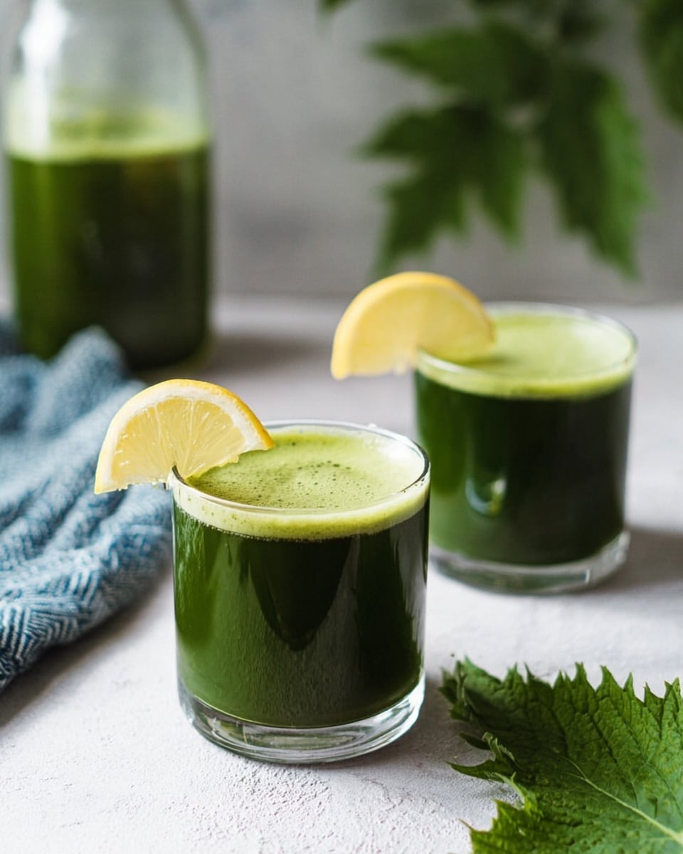 The image shows two clear glasses filled with dark green juice topped with a light green foam layer about one inch thick, each glass garnished with a thin yellow lemon slice on the rim. The glasses are placed on a white marbled surface, with a green leafy herb near the front right side and a textured cloth in blue and white colors on the left. In the background, there is a tall clear jar with more green juice and blurred green leaves. The whole scene is softly lit, creating a fresh and natural feeling. photo taken with an iphone --ar 4:5 --v 7