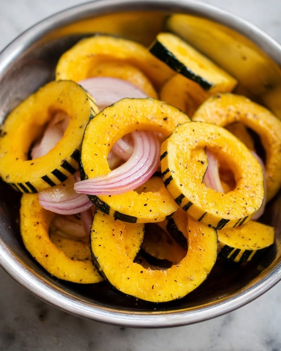 The image shows a silver bowl filled with round yellow-orange squash slices that have a green striped edge. The squash slices are thick, about one layer deep, and mixed with a few pieces of light purple onion wedges. The inside of the bowl and the squash pieces have small black pepper dots on them. The bowl is placed on a white marbled surface. photo taken with an iphone --ar 4:5 --v 7