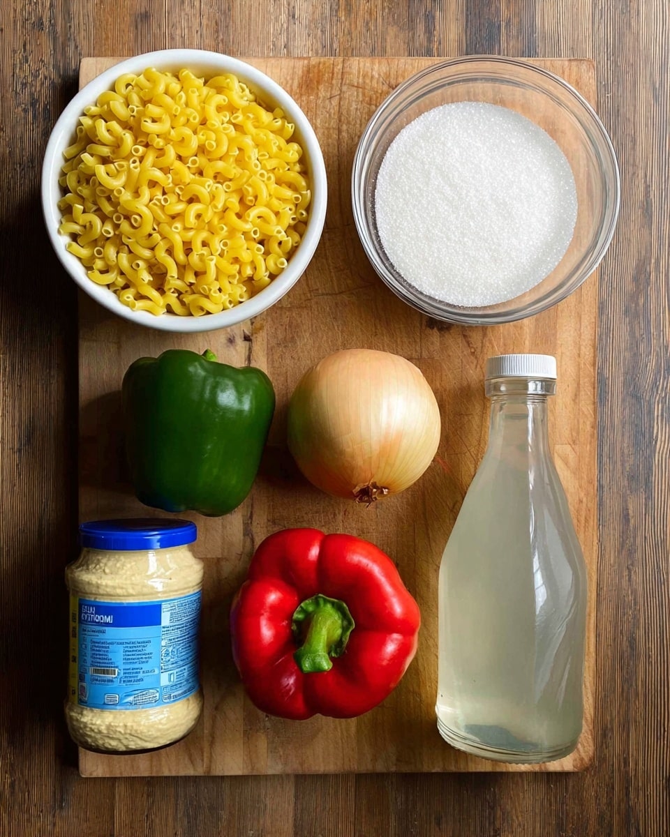 The image shows seven items arranged neatly on a wooden cutting board. At the top left, there is a white bowl filled with uncooked elbow macaroni pasta, bright yellow and tightly packed. Next to it, on the right, is a clear glass bowl full of white granulated sugar. To the right of the sugar bowl, there is a whole yellow onion with smooth skin. Below the onion, a green bell pepper sits on the cutting board, its surface shiny and smooth. Next to it, on the right, lies a red bell pepper with a bright green stem, similarly shiny. At the bottom left corner, there is a large white jar of hummus with a blue lid. Beside the jar, to the right, there is a translucent jug filled with clear white vinegar, featuring a handle and a white cap. The setting is simple and clean, with the wooden texture of the cutting board clearly visible underneath all the items. photo taken with an iphone --ar 4:5 --v 7