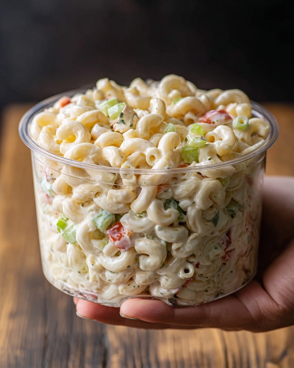 The image shows a bowl filled with macaroni salad consisting of three main layers. The bottom layer is white elbow macaroni, soft in texture and slightly curved. The middle layer is creamy, light yellow dressing that evenly coats the macaroni, giving it a smooth and shiny look. The top layer shows small pieces of red bell pepper and green celery mixed throughout, adding small pops of color. The bowl is white with blue patterns around the outside, placed on a white marbled surface with a metal spoon nearby. Photo taken with an iphone --ar 4:5 --v 7