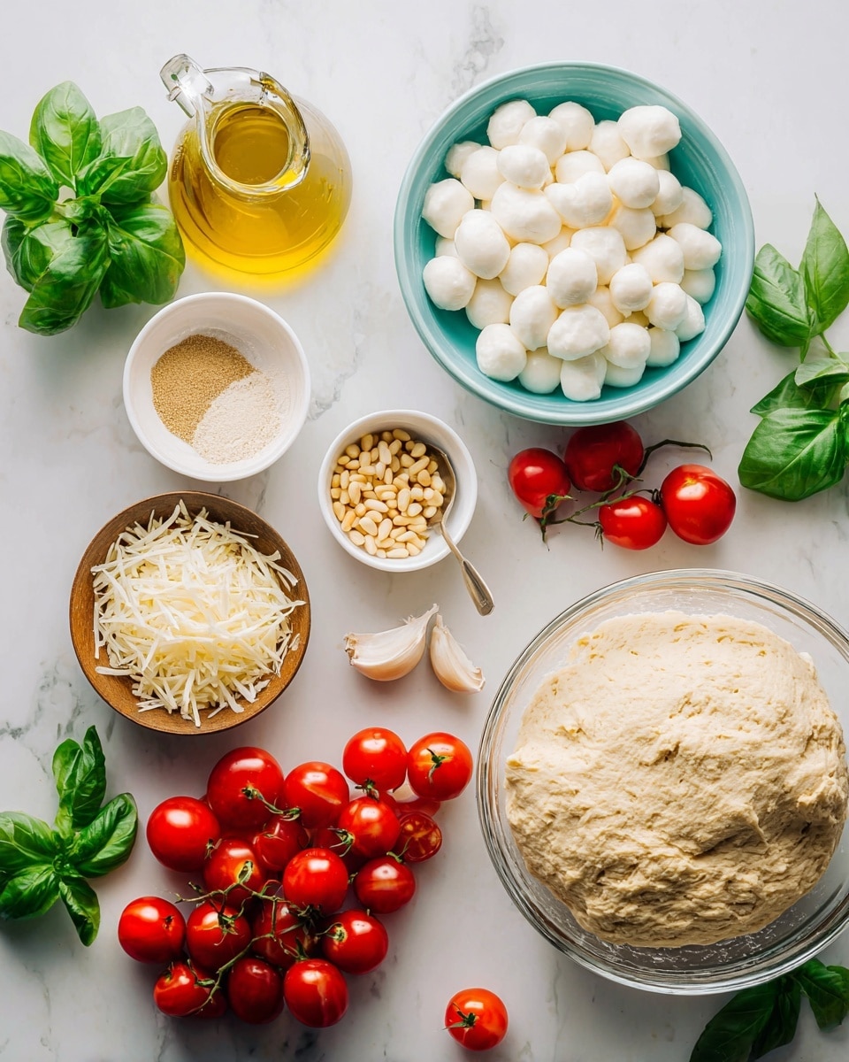 The image shows ingredients arranged neatly on a white marbled surface. There is a large clear glass bowl filled with light beige dough with a fluffy texture on the right side. To its left, a small glass pitcher holds golden yellow olive oil. Above the pitcher, a turquoise bowl is filled with small white mozzarella balls that are smooth and shiny. Near the top left is a small white bowl with light brown powder and a spoon inside. Below that, two cloves of white garlic rest on the surface beside a small white bowl filled with pale pine nuts. Centered are green basil leaves scattered around, with fresh vine-ripened red cherry tomatoes in the bottom left corner and a small wooden bowl filled with shredded white cheese. The colors are fresh and vibrant, with a clean look. photo taken with an iphone --ar 4:5 --v 7