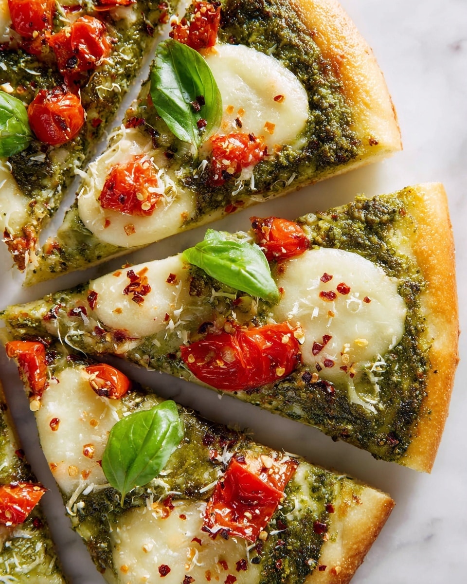 The image shows a sliced pizza on a white marbled surface with a golden-brown crust as the base layer. On top, there is a thick spread of bright green pesto sauce covering most of the slices. Each slice has round pieces of melted white cheese evenly placed over the pesto. There are small chunks of red cherry tomatoes scattered around, adding a pop of color. Fresh green basil leaves sit on top of the cheese and tomatoes, providing a fresh finish. Some red chili flakes and a light sprinkle of grated cheese are scattered over the pizza for extra texture and color. Photo taken with an iphone --ar 4:5 --v 7