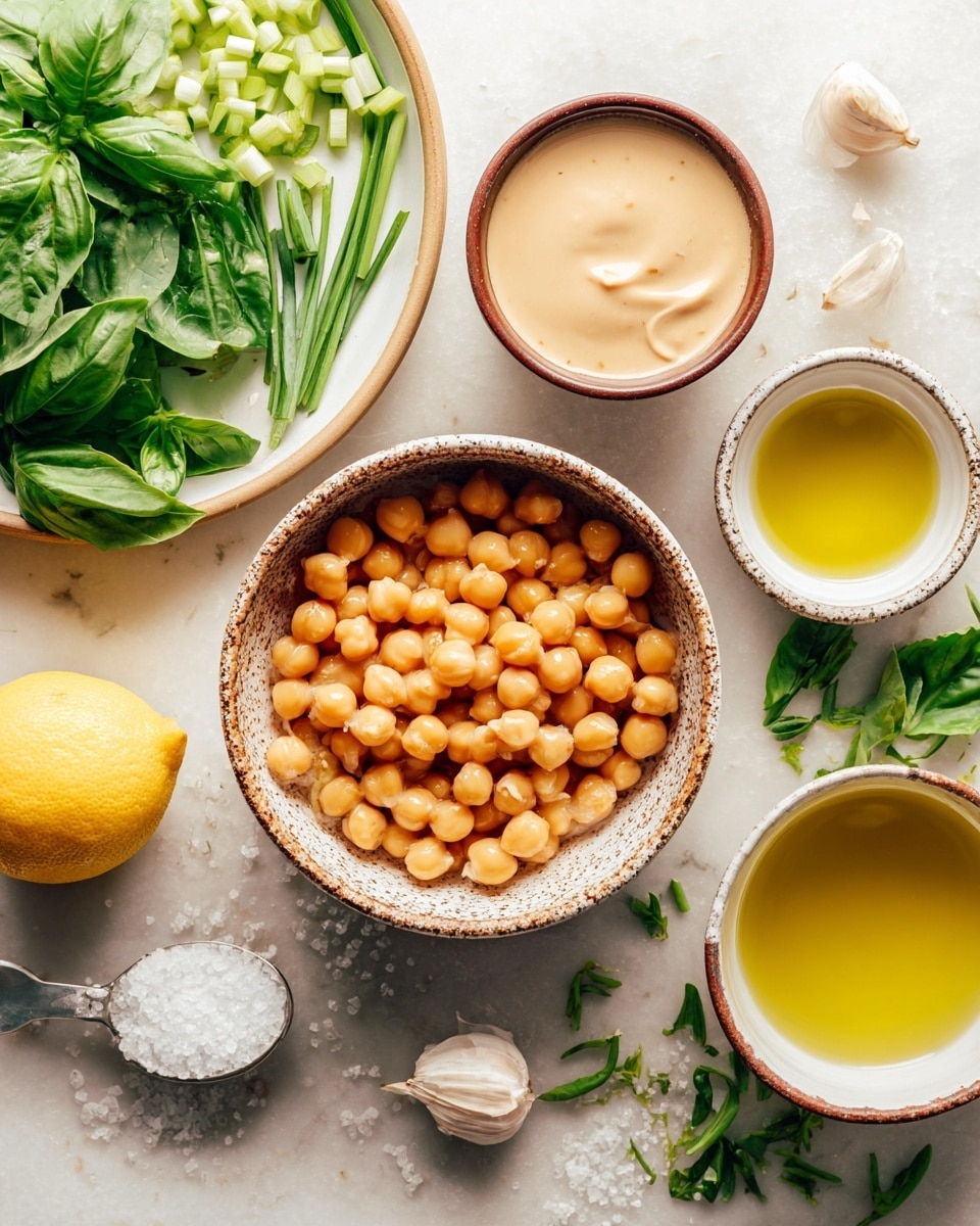 The image shows a close-up of different ingredients arranged on a white marbled surface. In the center, there is a brown speckled bowl filled with golden chickpeas submerged in water. Above it, a smaller brown bowl holds a smooth, light beige tahini sauce. To the right side, a slightly larger white bowl contains golden-yellow olive oil. Around these bowls, fresh green herbs like basil and parsley are spread. On the left, a white plate with a beige rim holds chopped green onions and a lemon half with a bright yellow color. Near the lemon and plate, there is a peeled white garlic clove and a spoon with a small mound of white salt. The colors in the image range from warm browns and yellows to fresh greens, creating a balanced and fresh look. Photo taken with an iphone --ar 4:5 --v 7