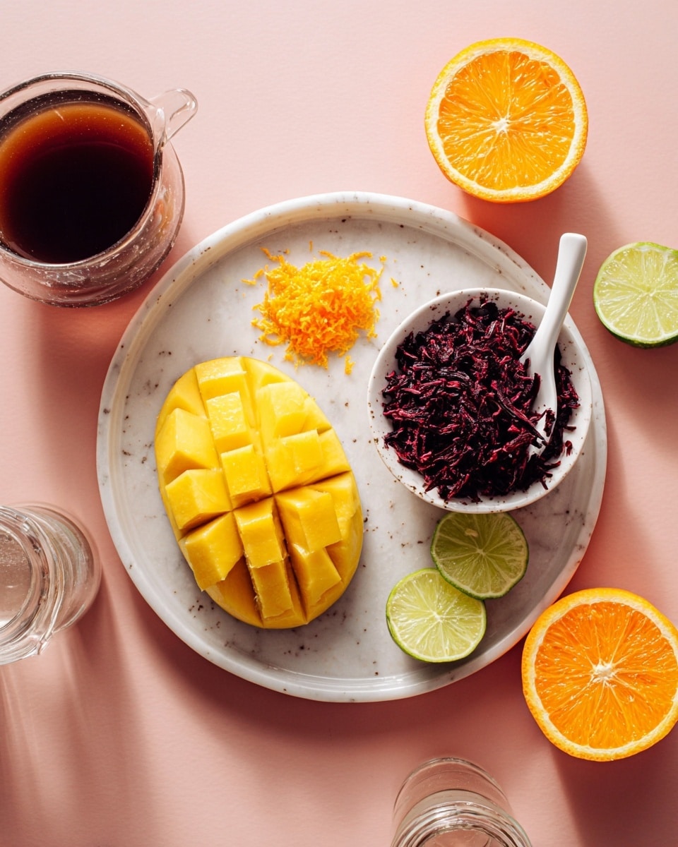 A white round plate sits on a white marbled surface with a soft pink background. On the plate, there is a yellow mango half scored with square cuts, positioned on the left side. Next to it, on the right, is a small white bowl filled with dark reddish dried hibiscus petals. Above the bowl, there is an orange pile of grated zest placed on a white spoon resting on the plate. Surrounding the plate are lime wedges, with one large halved lime below the plate and two smaller wedges on the upper right. An orange half is placed above the left side of the plate, and a small cup filled with dark liquid is partially visible next to the orange. Two clear glass containers, one bottle and one open jar, are at the bottom left and right corners. Photo taken with an iphone --ar 4:5 --v 7