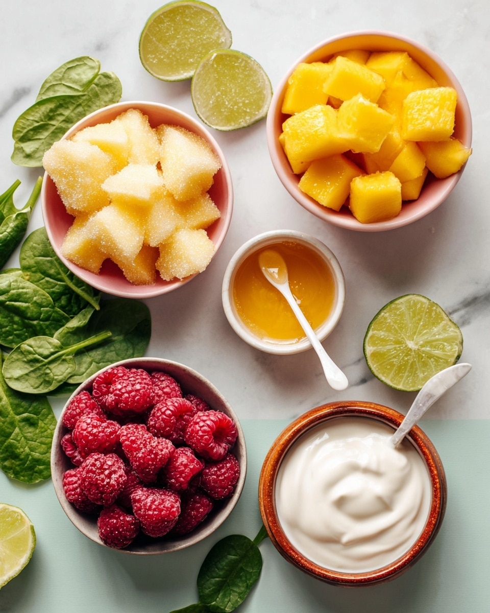 The image shows five bowls on a white marbled surface. The top right bowl is white and filled with bright yellow mango chunks covered in sugar crystals. Below it, there is a brown bowl full of deep red raspberries with a textured surface. To the left of it, a pink bowl contains pale yellow pineapple pieces with some sugar on top. In the center, a small round terracotta bowl holds thick white yogurt. Above it, a small round bowl with a yellowish rim is filled with golden honey. Around the bowls, there are fresh green spinach leaves and lime halves and wedges scattered casually. A white spoon with a bit of honey rests near the honey bowl. photo taken with an iphone --ar 4:5 --v 7
