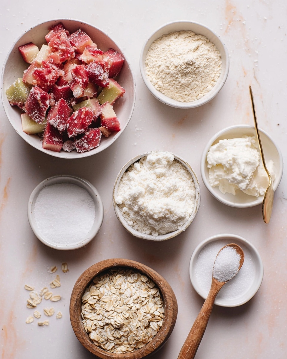 The image shows six small bowls of ingredients arranged on a white marbled surface. In the top left, there is a white bowl filled with frosted red and green rhubarb chunks. To the right of this, a white bowl holds light beige powder. Further right, there is a white bowl with white solid fat, with a gold spoon resting inside. Below that, another white bowl contains coarse white sugar. At the bottom center, a white bowl is filled with white fluffy powder, and at the bottom left, a wooden bowl holds pale rolled oats. A small white bowl with fine white salt and a wooden spoon is near the bottom right. Photo taken with an iphone --ar 4:5 --v 7