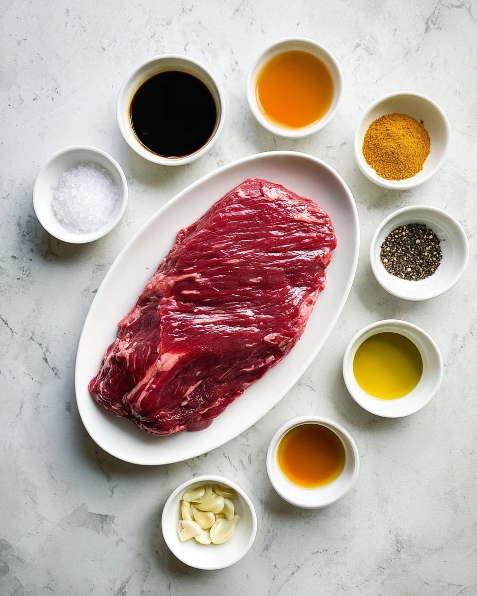 A large piece of reddish raw meat lies flat on a white oval plate in the center. Surrounding it are eight small white bowls arranged in a loose circle; each bowl holds different ingredients: coarse white salt, dark black sauce, amber-colored liquid, pale yellow minced garlic, light yellow mustard, dark soy sauce, light yellow oil, and coarsely crushed black pepper. All of this is set against a white marbled background. photo taken with an iphone --ar 4:5 --v 7