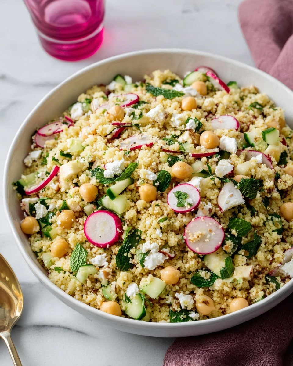 A large white bowl filled with a mixed salad that has three main layers: the base layer is light yellow couscous, slightly fluffy and grainy; scattered throughout are beige chickpeas adding round shapes; on top and mixed in are small pieces of chopped radishes with white centers and pink edges, dark green chopped parsley and mint leaves, chunks of white feta cheese, and small cubes of green cucumber with darker skins, all bringing fresh colors and varied textures; the whole bowl sits on a white marbled surface with a slight shadow under it, and in the background, there is a tall pink glass blurred softly. photo taken with an iphone --ar 4:5 --v 7