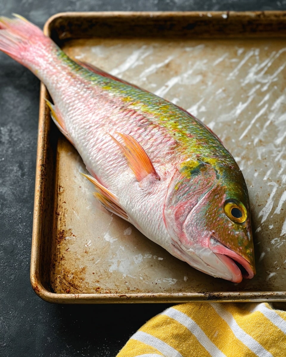 A whole fresh fish lies on a metal baking tray with a slightly worn texture. The fish has shiny scales with pink, light green, and yellow colors blending along its body. Its eye is clear and round, and the fins are spread slightly outward with a pinkish tint. The background shows a dark surface partially covered by a white marbled texture and a yellow-striped cloth partially visible at the bottom corner. photo taken with an iphone --ar 4:5 --v 7