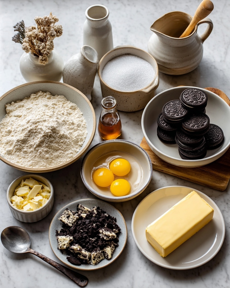 The image shows several white bowls and plates arranged on a white marbled surface, each holding different baking ingredients. One large bowl is filled with white flour with a slightly grainy texture. Nearby, a medium bowl contains granulated white sugar with a smooth surface. Another bowl holds three bright yellow egg yolks mixed with the egg whites. A bowl with small, uneven white chunks, likely chopped butter, sits beside a small plate with a large stick of solid pale yellow butter. A bowl contains crushed chocolate cookies with black and white pieces unevenly mixed. A white plate holds a stack of whole dark chocolate sandwich cookies with cream filling, arranged neatly. A small amber bottle, possibly vanilla extract, stands in the center. In the back, there are a white jar with a wooden lid and spoon, a small white pitcher, and a small clay vase with dried flowers on a wooden board. A metal measuring spoon with a wooden handle rests on the surface near the butter. Photo taken with an iphone --ar 4:5 --v 7
