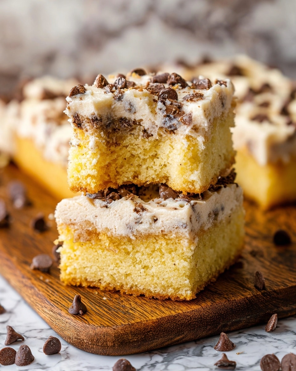 The image shows a close-up of a square dessert bar with two layers. The bottom layer is thick, yellow, and moist with a soft texture. The top layer is a lighter cream color with a crumbly texture and is dotted with small chocolate chips. The dessert bars are placed on a white wooden serving board, and some chocolate chips lie scattered around it. The background features more of the same dessert bars slightly out of focus on a white marbled surface. Photo taken with an iphone --ar 4:5 --v 7