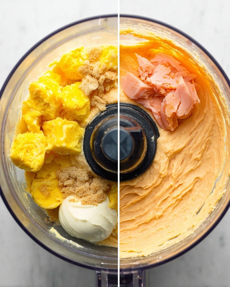 The image shows two close-up views inside a clear food processor bowl set on a white marbled surface. The left side shows six layers inside the bowl: bright yellow egg yolks broken into large chunks on top, a chunk of pink smoked salmon positioned to the right, dollops of creamy white mayonnaise towards the front left, and small pieces of light brown bread crumbs near the center, all resting on the black central plunger of the processor. The right side shows the same bowl after blending where the ingredients are fully mixed into a smooth, thick, pale orange spread evenly coating the sides and bottom of the bowl, surrounding the black central part. The photo is taken with an iphone --ar 4:5 --v 7