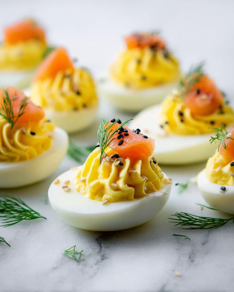 The image shows several deviled eggs arranged on a white marbled surface. Each egg has two main layers: a smooth white egg base holding a fluffy, swirled yellow yolk filling on top. On the yellow filling, small pieces of orange smoked salmon are placed, along with some black sesame seeds and tiny white sesame seeds for texture. Green dill sprigs are positioned as garnish on some eggs and scattered around on the white marbled surface, adding a fresh color contrast. The focus is sharp on the front egg, while the rest blur softly in the background. photo taken with an iphone --ar 4:5 --v 7