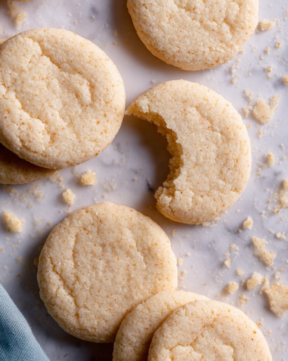 The image shows a group of round, light beige cookies with a soft and crumbly texture, resting on a white marbled surface. The cookies are simple and uniform in shape, with one cookie in the center having a bite taken out of it, revealing the same soft texture inside. Some cookie crumbs are scattered around, adding to the casual, homemade feel. The cookies are arranged in small clusters, overlapping slightly, with no other decorations or layers visible. photo taken with an iphone --ar 4:5 --v 7