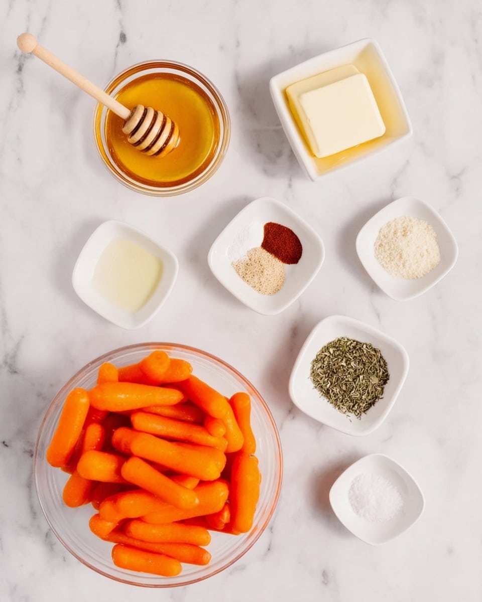 A clear round bowl filled with bright orange baby carrots sits at the bottom center on a white marbled surface. Above it, five small white square and round bowls are spread out in a loose circle. The top left bowl holds golden honey with a light brown wooden honey dipper resting inside. To the right, a square bowl contains a solid square of pale yellow butter. Below that, a round bowl has two piles of white and brown spices alongside a small heap of green herbs and a reddish spice. To the left, a square bowl holds a pale liquid that looks like lemon juice. The bottom right round bowl holds black pepper and white salt, each occupying half of the bowl. The whole setup is bright and clean, photo taken with an iphone --ar 4:5 --v 7