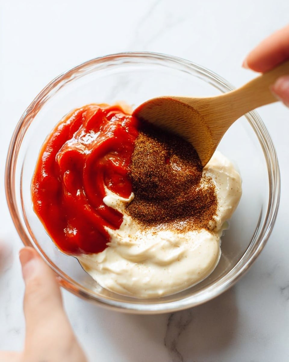 A clear glass bowl held by a woman's hand contains three separate dollops of sauce: a bright red smooth sauce on the left, a white creamy sauce on the right, and a dark brown powdery spice sprinkled over the white sauce. A wooden spoon is dipping into the sauces from the top right, slightly mixing the edges. The background is a white marbled texture. Photo taken with an iphone --ar 4:5 --v 7