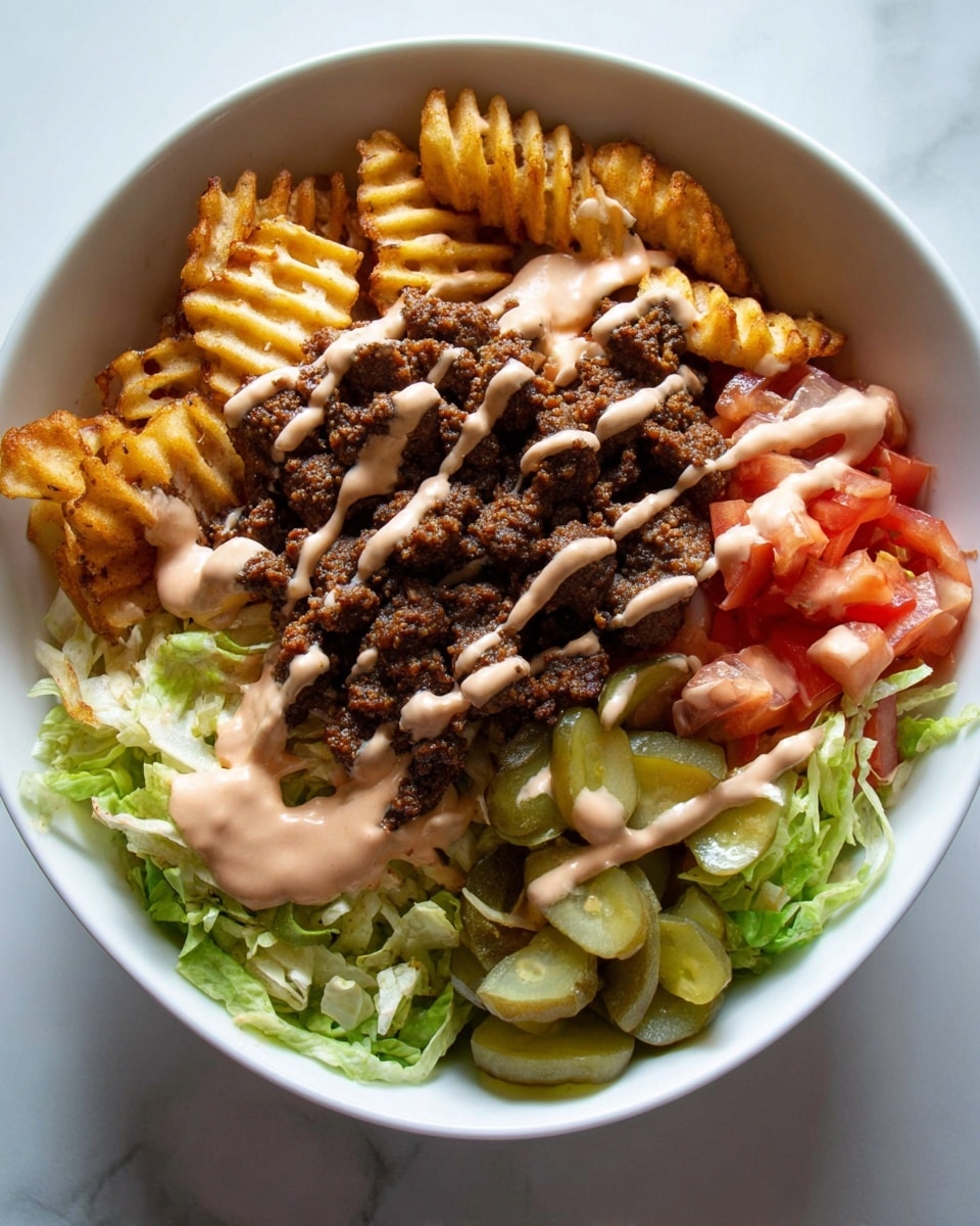 A white bowl holds a layered dish starting with a base of light green shredded lettuce at the bottom and sides. On top of the lettuce are small pieces of dark brown cooked meat, scattered unevenly across the bowl. Bright red chopped tomatoes and light green pickle slices sit alongside the meat, adding color contrast. The top layer is finished with a creamy, light pink sauce drizzled generously over the meat and pickles. In the background, the dish rests on a white marbled surface. Photo taken with an iphone --ar 4:5 --v 7