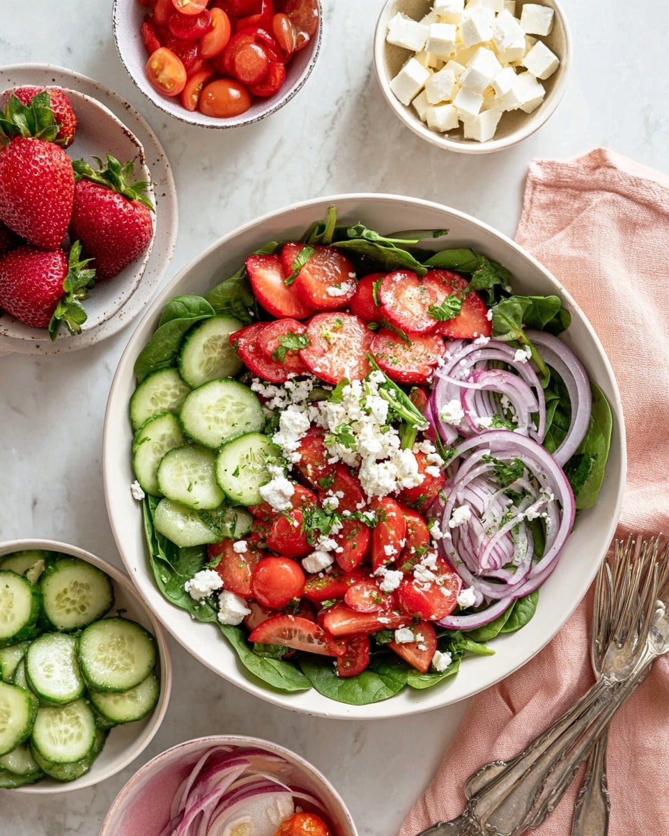 A white bowl filled with a fresh salad showing several layers. The bottom layer is dark green spinach leaves. On top of this are slices of red strawberries and green cucumber rounds, along with halved bright red cherry tomatoes. Thin rings of purple onion are spread over the salad. White crumbled cheese is sprinkled over all the layers with a few green parsley sprigs placed on top. Around the main bowl are smaller white bowls holding extra red strawberries, cucumber slices, cherry tomatoes, purple onion slices, and white cheese cubes. The setting is on a white marbled surface with a pale pink cloth and silver fork and spoon placed to the side. Photo taken with an iphone --ar 4:5 --v 7