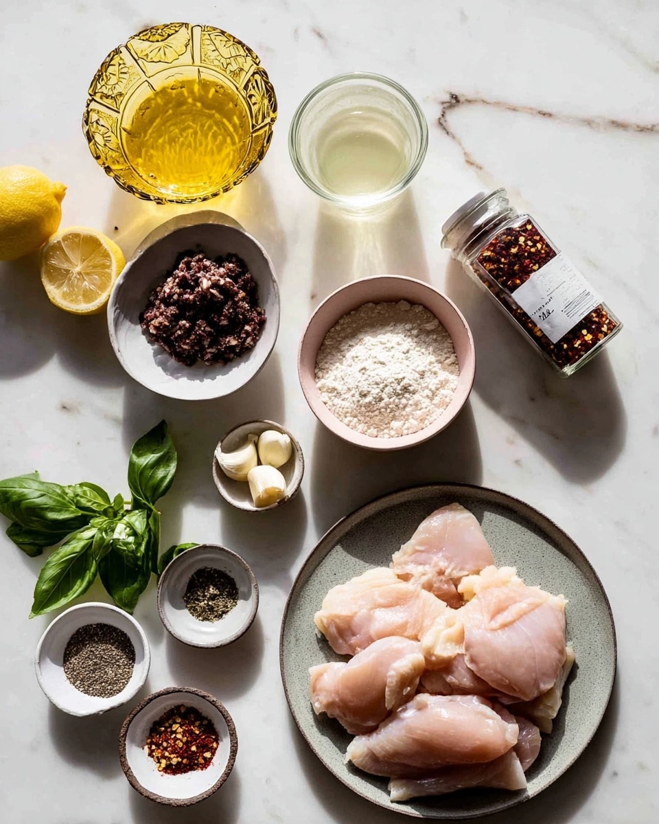 A white marbled surface holds various ingredients placed neatly in bowls and jars. On the right bottom, a large gray plate holds several raw chicken pieces with a light pink color and smooth texture. Above the chicken is a small glass jar filled with white creamy liquid, next to three garlic cloves. To the left side, a white shallow bowl contains a dark brown chopped mixture, likely olives or tapenade. Above it, a decorative yellow glass dish is filled with golden olive oil. Near the top center, a pink bowl holds fine white flour. To the right of the pink bowl, a tall glass jar with a white label filled with red pepper flakes stands upright, flanked by small bowls of mixed spices — one with a blend of black and white finely ground powders, and another with just salt and pepper. In the bottom left, a small bowl holds finely grated white cheese, and next to it is a clear glass of light yellowish liquid with lemon slices visible in it. A lemon and some basil leaves are placed on the left side of the frame. Everything rests on the white marbled surface with soft, natural light creating gentle shadows. Photo taken with an iphone --ar 4:5 --v 7