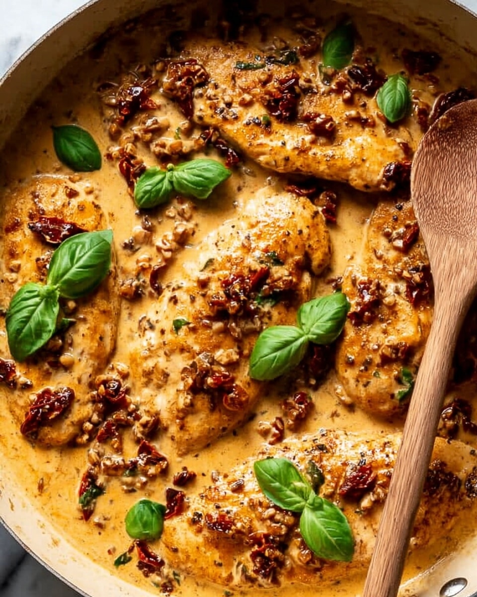 The image shows a close-up of several pieces of cooked chicken covered in a thick, creamy orange sauce inside a white pot. The sauce has a smooth texture with visible specks of herbs and small bits of sun-dried tomatoes scattered across the chicken. Fresh green basil leaves are placed on top of the sauce and chicken in different sizes, adding a pop of color. A wooden spoon rests on the edge of the pot with some sauce on it, and the background is a white marbled surface. photo taken with an iphone --ar 4:5 --v 7