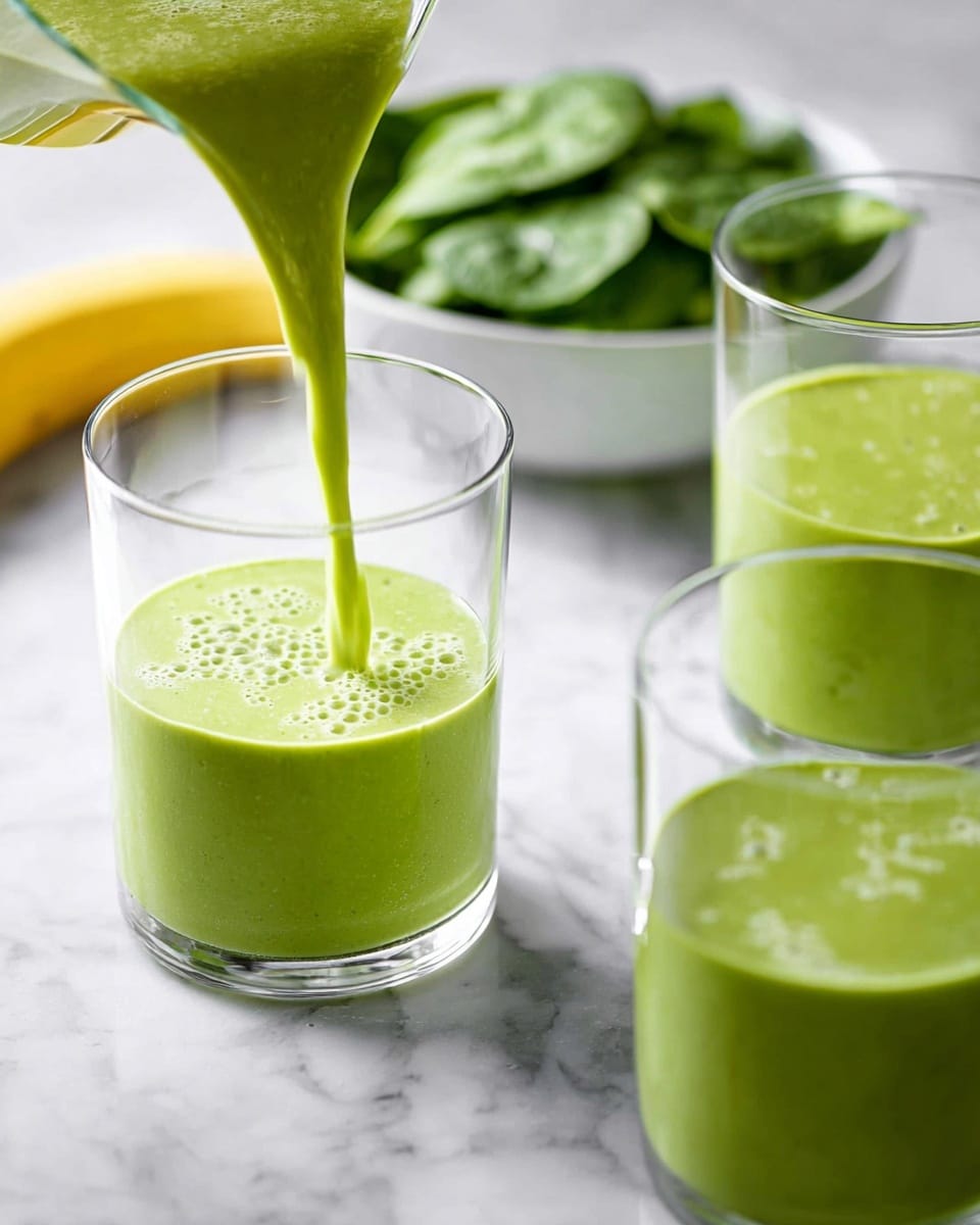 A clear glass is being filled with a bright green smoothie that has a creamy texture and small bubbles on the surface. Three other clear glasses filled with the same green smoothie stand nearby on a white marbled surface. In the background, there is a white bowl filled with fresh green spinach leaves and a yellow banana that is partly out of focus. The colors are fresh and vibrant, with the green smoothie as the main focus. photo taken with an iphone --ar 4:5 --v 7