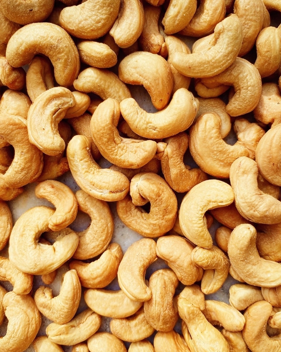 The image shows a close-up of many light brown cashew nuts piled closely together, filling the entire frame. Each cashew has a smooth, curved shape with a slightly wrinkled texture and a matte finish, showing natural lines and spots. The nuts are arranged randomly but cover evenly the white marbled surface underneath. photo taken with an iphone --ar 4:5 --v 7