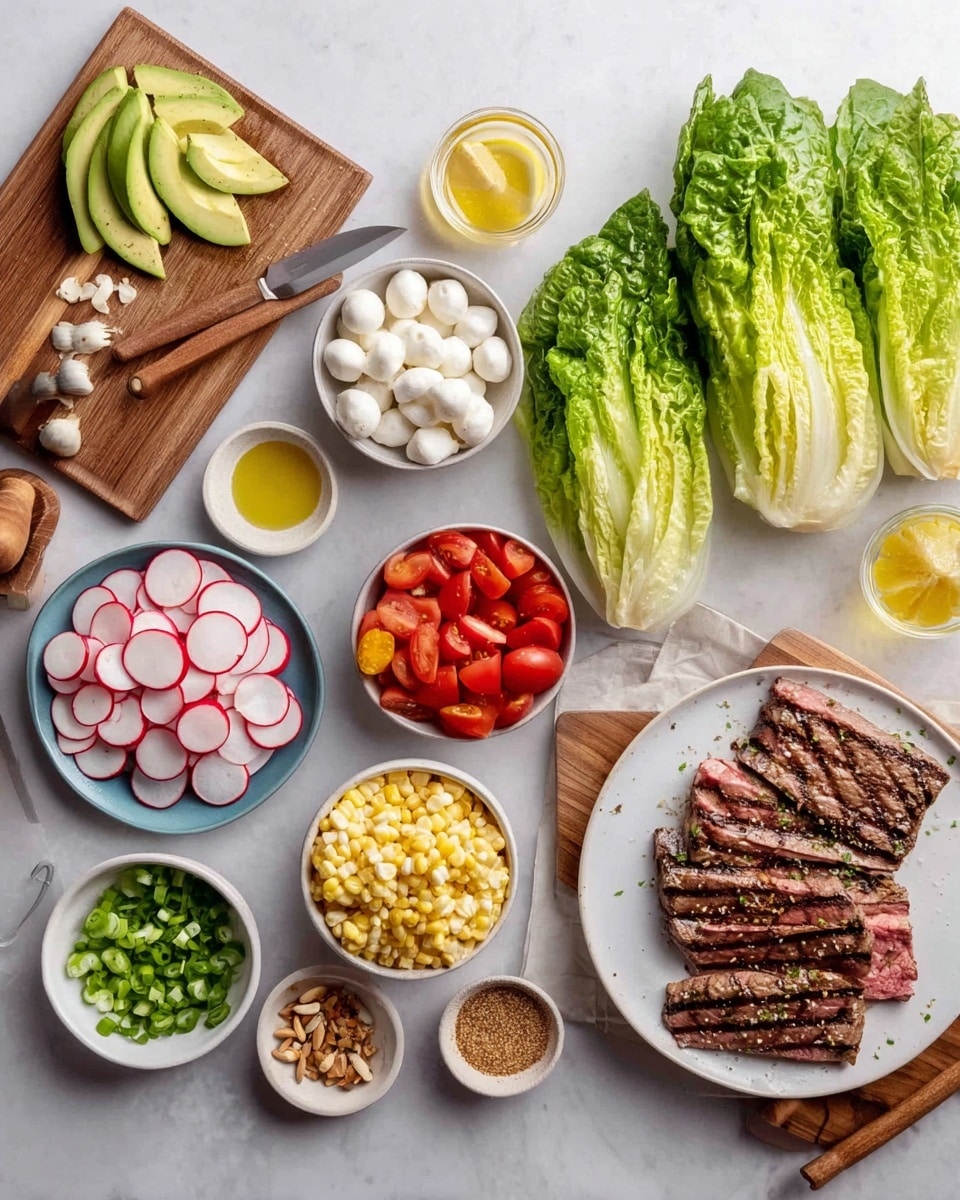 The image shows many ingredients arranged neatly on a white marbled surface. There are several small white bowls containing sliced radishes, grape tomatoes, corn kernels, chopped green onions, and small mozzarella balls. A white plate holds grilled slices of meat with grill marks. On the right, there are two halved heads of green romaine lettuce with a knife resting on the cutting board beneath them. Slices of avocado sit on a small wooden board on the top left. Around these items are small plates and containers holding a lemon half, olive oil, ground pepper, and some crushed nuts. A woman's hand is gently pressing down on a wooden lemon squeezer. photo taken with an iphone --ar 4:5 --v 7