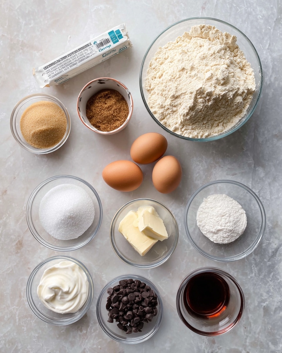 The image shows a white marbled surface with several clear glass bowls and small containers arranged neatly, each filled with different baking ingredients. At the top center, there is a large bowl full of light beige flour. To the left of it, a small bowl holds brown sugar, and nearby, a package of white sugar is partially visible. Below the flour, a stick of butter wrapped in paper sits horizontally. To the right of the butter, two bowls contain white powdered sugar and baking powder. In the middle, a bowl contains two brown eggs. Below the eggs, a small bowl has white sour cream, and next to it, another bowl is filled with dark chocolate chips. At the bottom right, a small clear container holds a dark brown liquid vanilla extract. All items are evenly spaced on the white marbled surface. Photo taken with an iphone --ar 4:5 --v 7