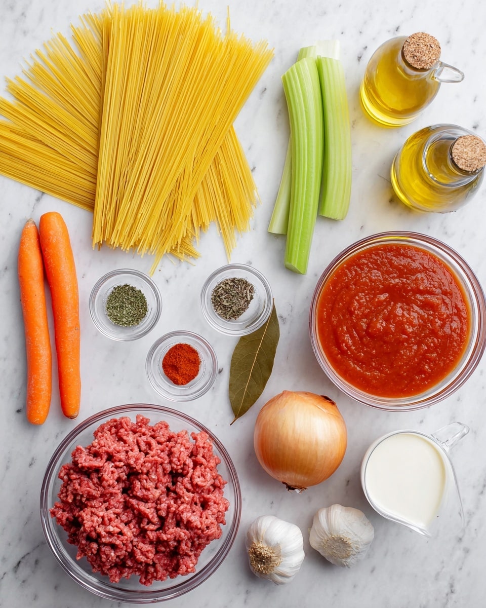 The image shows raw ingredients arranged neatly on a white marbled surface, including a large pile of uncooked yellow spaghetti on the left, two whole orange carrots and three green celery sticks diagonally placed next to it. Above them are small clear glass bowls with green dried herbs, a mix of black pepper, white salt, and red spice, and bright red tomato paste. Near the top right is a clear glass bottle of golden olive oil and a brown dried bay leaf. A clear glass bowl holds ground meat, and below it is a larger clear bowl filled with chunky red tomato sauce. To the right of the carrots are a whole pale yellow onion and two cloves of garlic, and in the bottom right corner is a small clear glass jug of white cream. Photo taken with an iphone --ar 4:5 --v 7