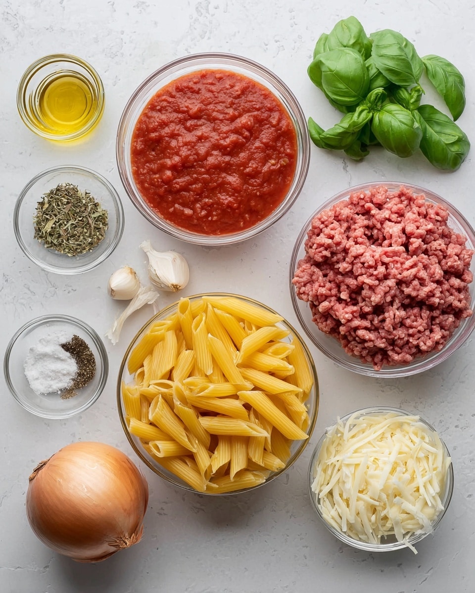 A top view of ingredients arranged on a white marbled surface for cooking pasta. In the center is a clear bowl filled with uncooked yellow penne pasta. To the right of it, a clear bowl holds raw ground meat with a pink and red texture. Below that is a bowl of shredded white cheese. Below the pasta bowl is a single brown onion with smooth skin. To the left of the pasta is a clear bowl filled with bright red tomato sauce with a slightly chunky texture. Above that is a small clear bowl with a mix of dried herbs. Next to it is a smaller clear bowl containing salt and black pepper. There is a small glass bottle of golden olive oil near the center-left, and above that, fresh green basil leaves with smooth, bright green surfaces. Two cloves of garlic rest near the basil. The whole arrangement is neat and well spaced. photo taken with an iphone --ar 4:5 --v 7
