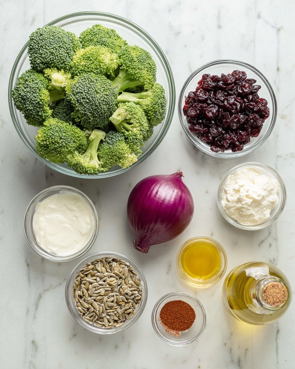 The image shows the ingredients for a broccoli salad arranged neatly on a white marbled surface. There is one large clear bowl filled with fresh green broccoli florets positioned on the left. Above it and slightly to the right is a small clear bowl containing dried dark red cranberries. Near the center is a whole purple onion sitting on the surface. Around it, there are small clear bowls with various ingredients: golden honey, a light-colored vinegar, creamy white mayonnaise, white Greek yogurt, and a mix of sunflower seeds. Also, a very small bowl with a trio of spices—red powder, salt, and black pepper—sits near the top right. A glass bottle with olive oil completing the arrangement is positioned on the far right side. The overall setup is clean and colorful with natural textures highlighted. Photo taken with an iphone --ar 4:5 --v 7