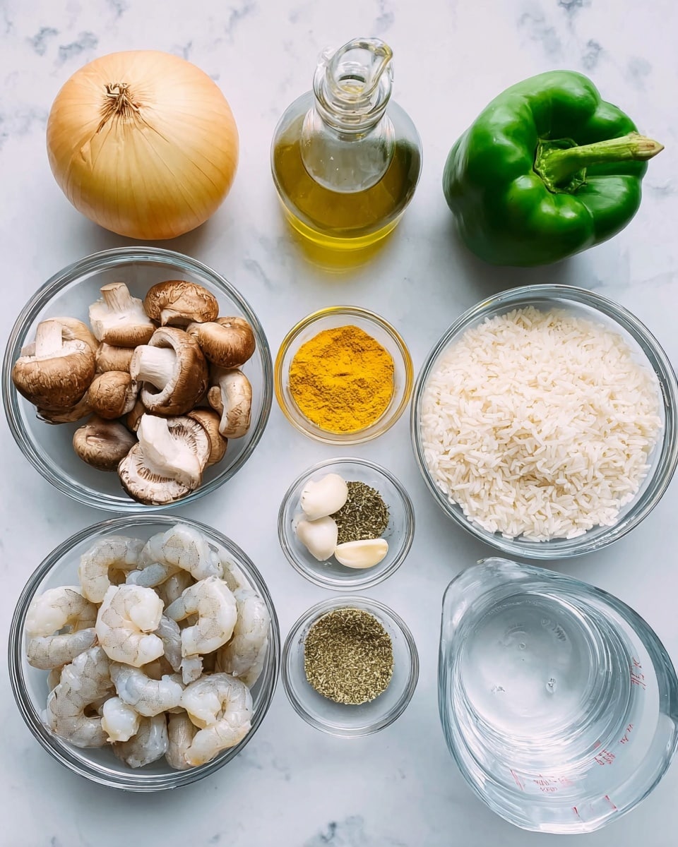 The image shows various ingredients arranged neatly on a white marbled surface. There is a whole yellow onion on the top left, next to a clear glass bowl filled with brown mushrooms. Below that, a larger clear glass bowl contains raw, peeled shrimp with light gray and white colors. To the right of the shrimp, another clear bowl holds uncooked white rice. Above the rice, there is a small clear bowl with bright yellow turmeric powder. On the top right, a green bell pepper sits beside a glass bottle of light yellow olive oil. Two garlic cloves are placed near a small clear bowl with dried herbs and spices in green, white, and brown tones. Finally, there is a clear glass measuring cup filled with water on the bottom right. The overall setup is clean with fresh ingredients displayed clearly. Photo taken with an iphone --ar 4:5 --v 7