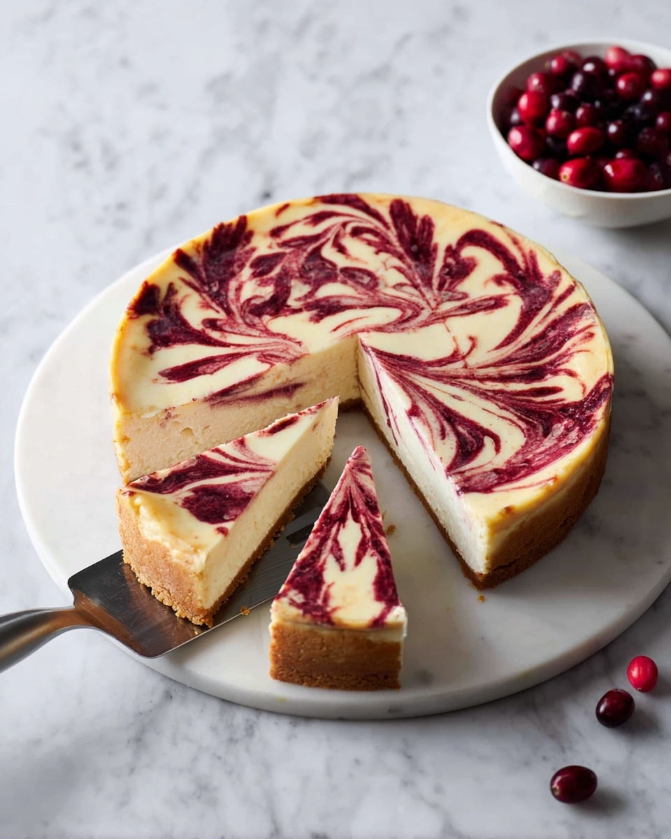 A round cheesecake sits on a white marbled surface, showing three layers: a thin golden brown crust at the bottom, a thick creamy white cheesecake middle, and a marbled top layer with swirls of dark red, which creates a beautiful leaf-like pattern covering the surface. Three slices are cut and slightly pulled out, revealing the smooth texture of the cheesecake. A metal spatula is lifting one slice, its silver handle extending outward. To the side, there is a small white bowl filled with bright red and dark cranberries. photo taken with an iphone --ar 4:5 --v 7