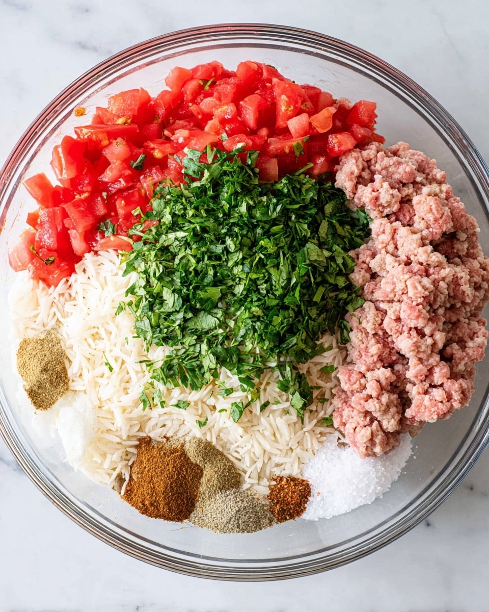 A clear glass bowl is placed on a white marbled surface, containing separate layers of ingredients arranged side by side without mixing: bright red chopped tomatoes on the left, pale off-white cooked rice in the center, a large pile of finely chopped fresh green herbs on the top right, and raw ground meat with a pinkish hue on the bottom right. In the bottom left corner, there are distinct piles of light brown and darker brown ground spices, as well as a small amount of white salt, each with a powdery texture. The layers show clear contrast in color and texture, all contained within the round bowl. Photo taken with an iphone --ar 4:5 --v 7